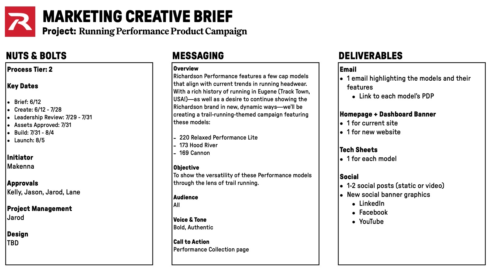 Marketing creative brief for the Running Performance Product Campaign, listing key dates, messaging, and deliverables