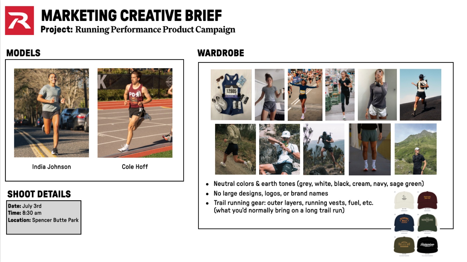 Models, wardrobe references, and shoot details for the running campaign