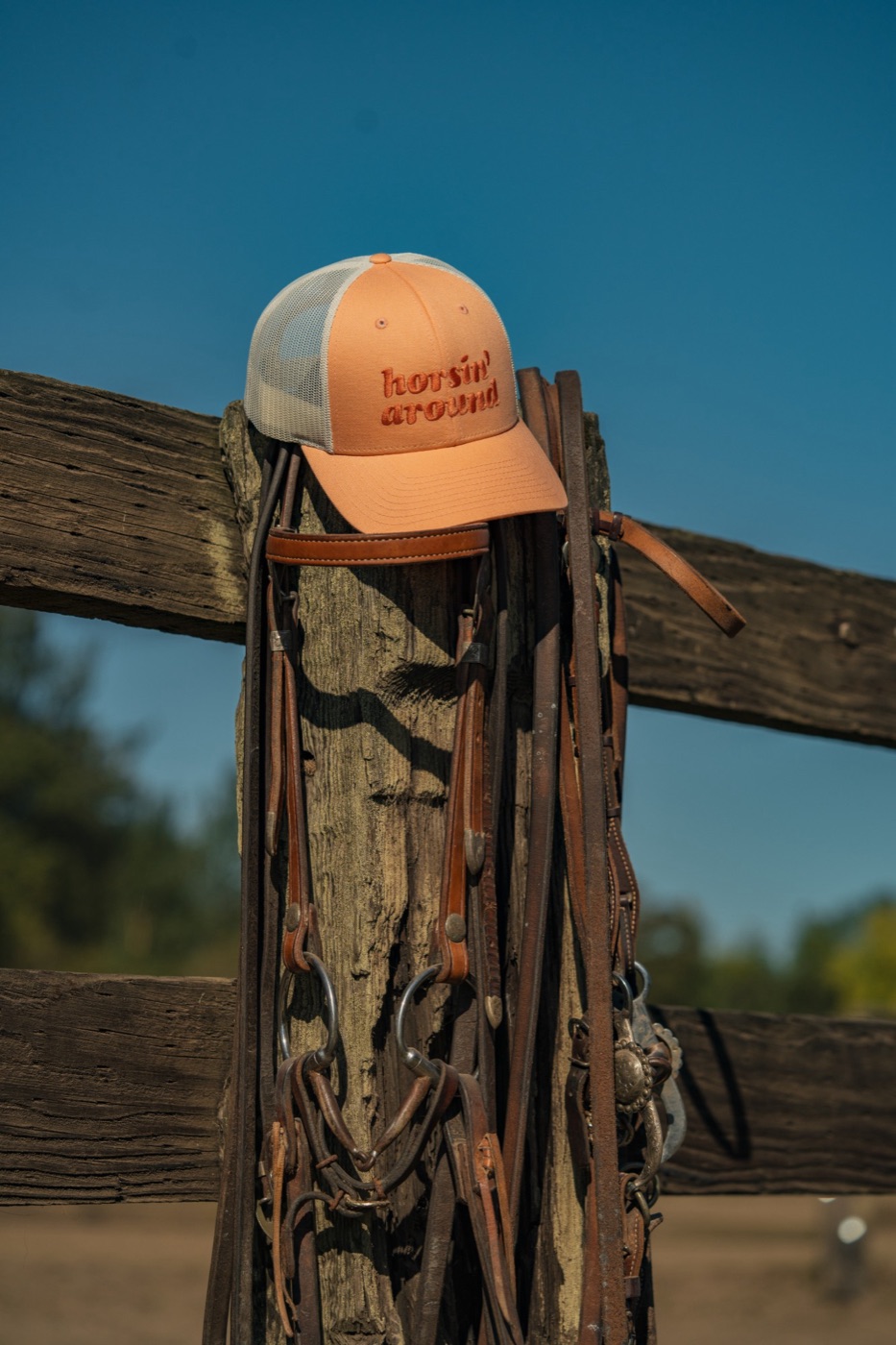 Horsin' Around cap hanging on a fence post with bridles